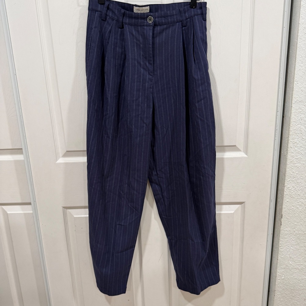 Urban Outfitters Navy Blue Pinstripe Pleated High Waisted Tapered Trousers US 4